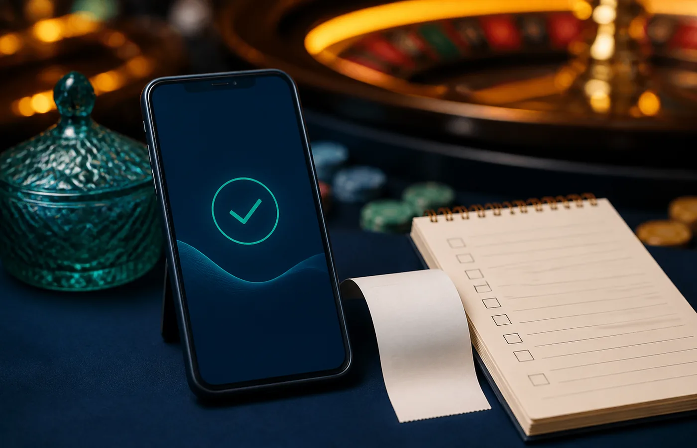 Celular, comprovante e checklist para conferir uma transação